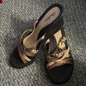Skechers Women's Metallic Braided Multi-Strip Sandals in Gold and Brown
